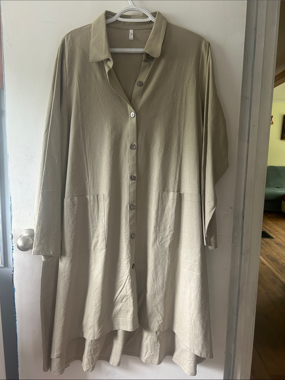 Blue Sky Long Sleeve Button-Front Tunic Dress in Light Beige